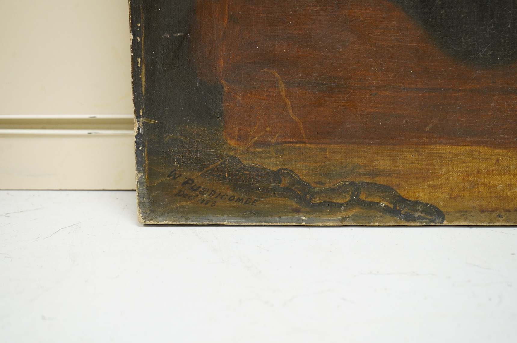 After Edwin Landseer RA (1802-1873), 'Dignity and Impudence', signed W. Puddicombe and dated December 1883, oil on canvas, unframed, 61 x 46cm